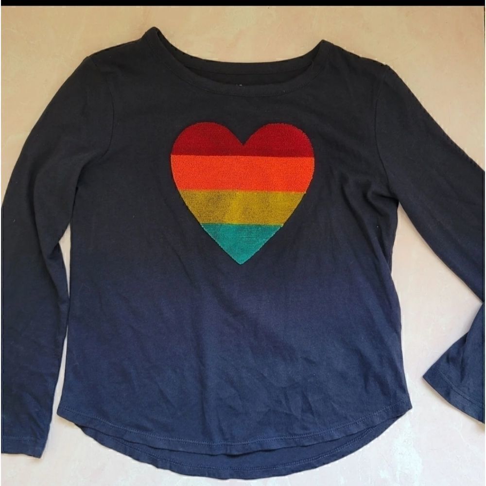 Navy rainbow fuzzy heart long sleeve tee